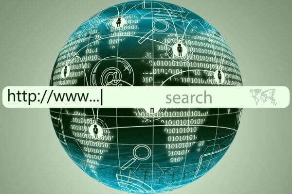 Text "https://www..." and "search" inside of a URL search bar that is imposed on top of a globe